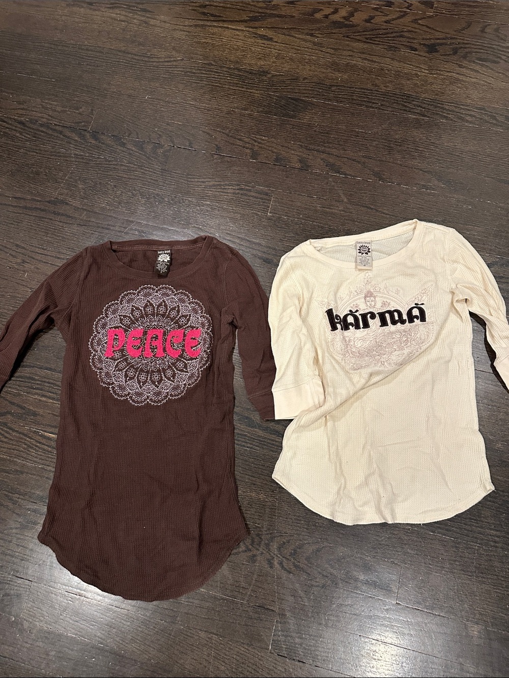 Lucky Brand Brown and Cream Long Sleeve Graphic Tees with Pink Peace
